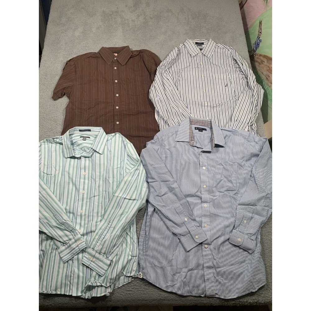 4 Men's Button Down Shirts Striped Collared‎ Nautica Cremieux Large L Business